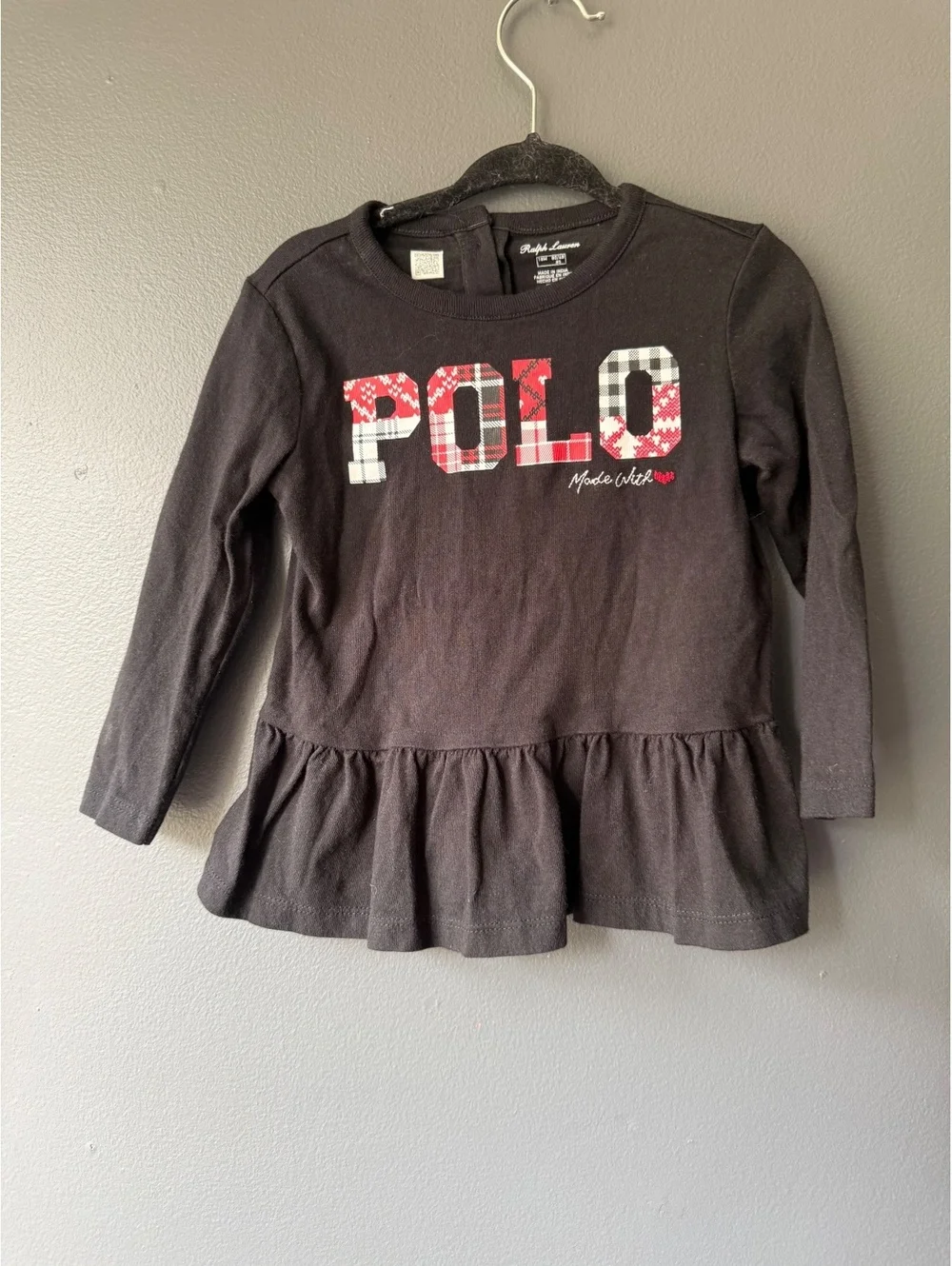 Ralph Lauren Toddler Girl Black Long Sleeve Polo Peplum Top 18M